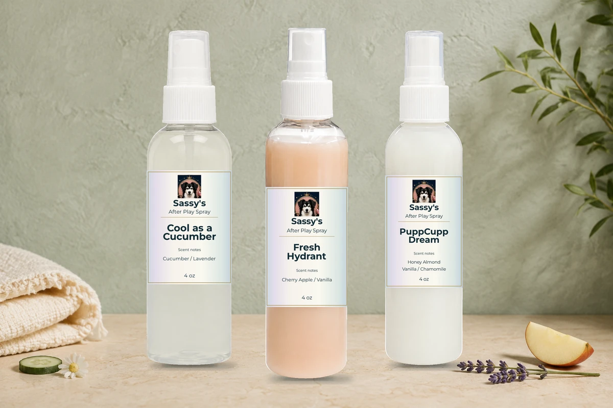 Three Sassy's 4 oz finishing mists in a scent-inspired setting